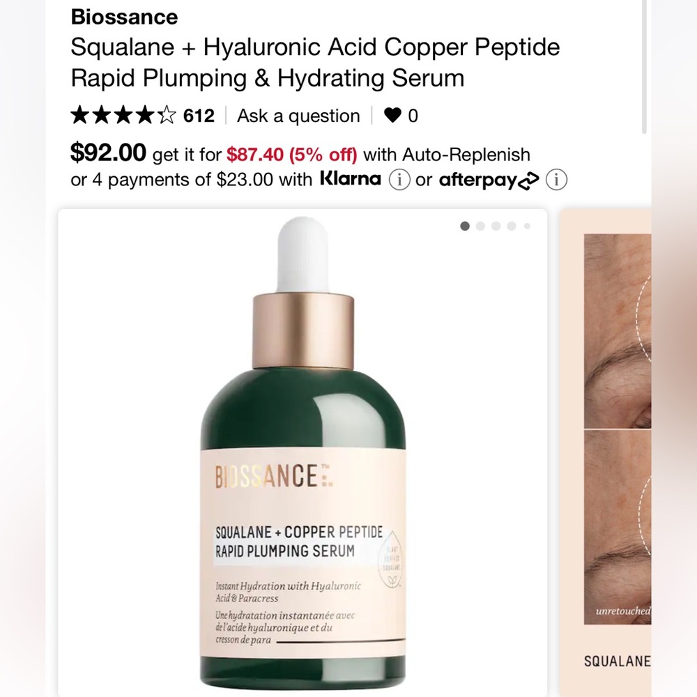 Brand new Biossance squalane and copper peptide plumping serum